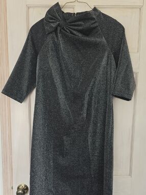 Rickie Freeman Teri Jon Black Sparkle Midi Dress with Neck Bow